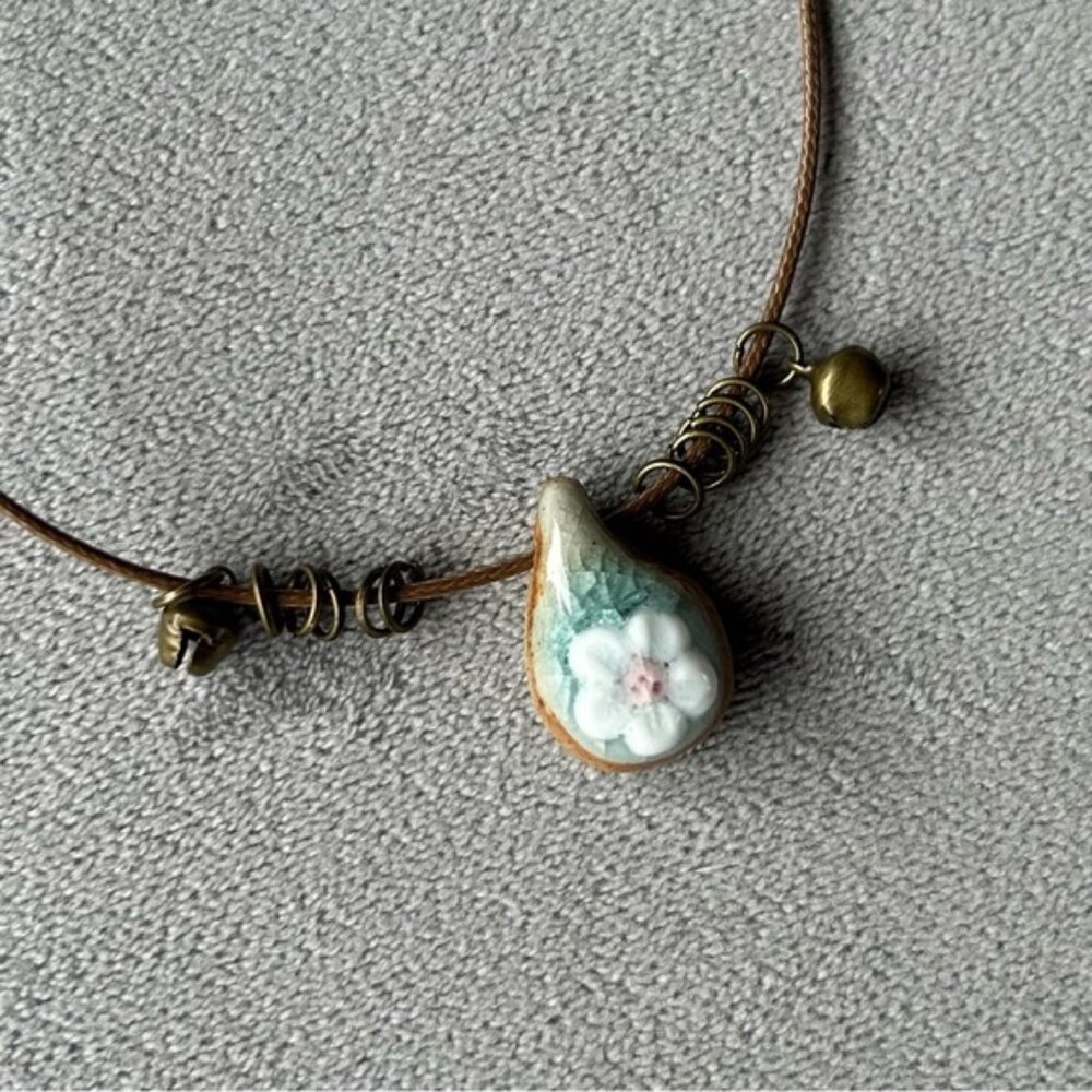 Daisy with Blue Green Cracked Finish on Ceramic Drop Pendant ~ Brand New